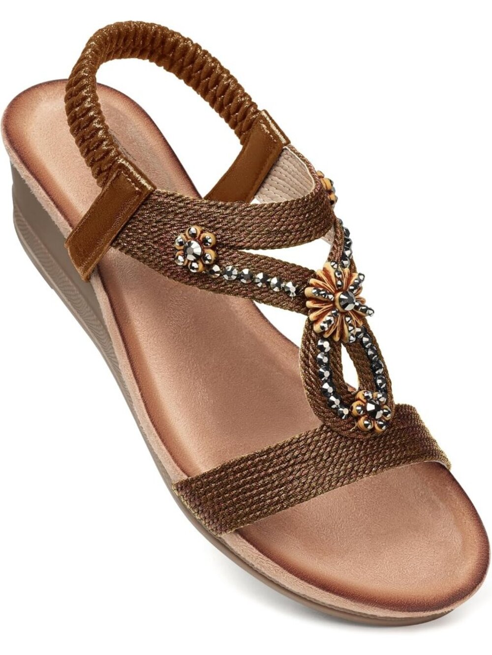 Women's Brown Pearl Rhinestone Elastic Strap Open Toe Low Heel Wedge Sandals